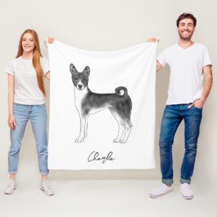 Basenji Dog In Black And White With Custom Name Fleece Blanket