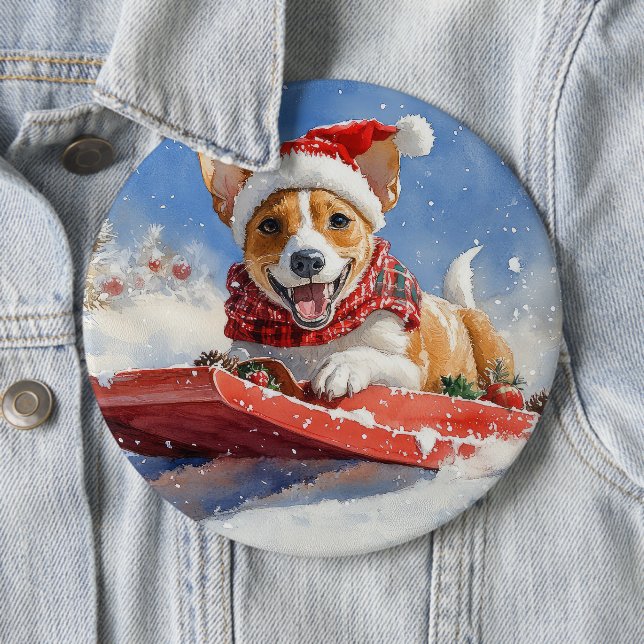 Basenji Dog in Sledge Let it Snow Christmas 6 Inch Round Button (In Situ)