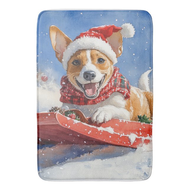 Basenji Dog in Sledge Let it Snow Christmas Bath Mat (Front Vertical)