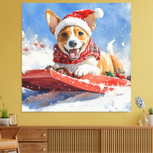 Basenji Dog in Sledge Let it Snow Christmas Canvas Print