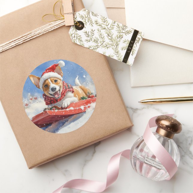 Basenji Dog in Sledge Let it Snow Christmas Classic Round Sticker (Gifting)