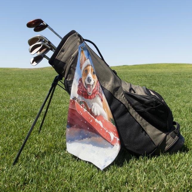 Basenji Dog in Sledge Let it Snow Christmas Golf Towel (Green)