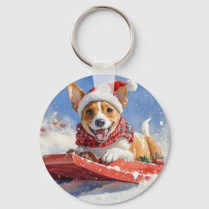 Basenji Dog in Sledge Let it Snow Christmas Keychain