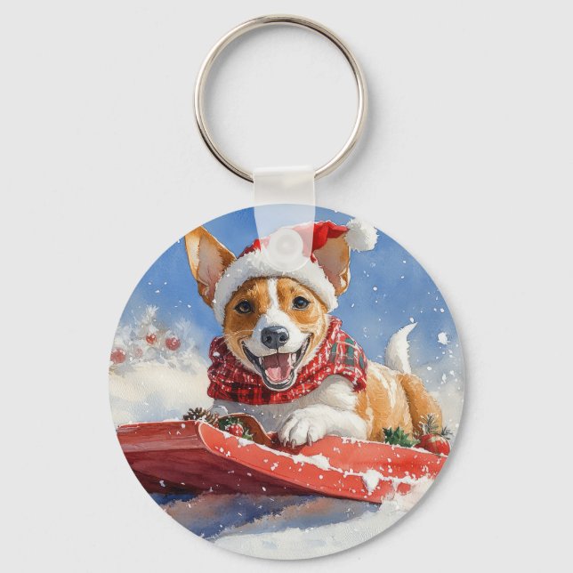 Basenji Dog in Sledge Let it Snow Christmas Keychain (Front)