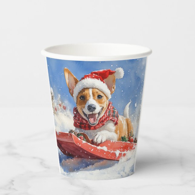 Basenji Dog in Sledge Let it Snow Christmas Paper Cups (Front)