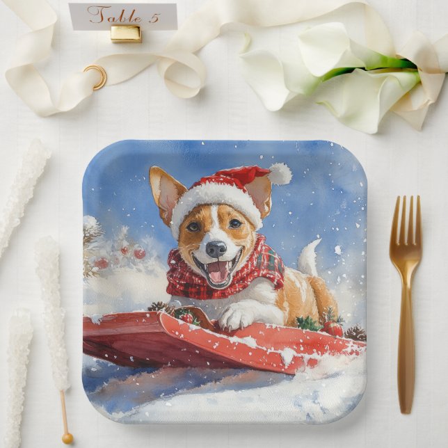 Basenji Dog in Sledge Let it Snow Christmas Paper Plate (Wedding)