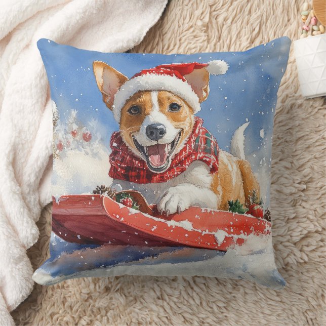 Basenji Dog in Sledge Let it Snow Christmas Throw Pillow (Blanket)