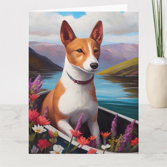 Basenji Dog on a Paddle: A Scenic Adventure Card (Front)