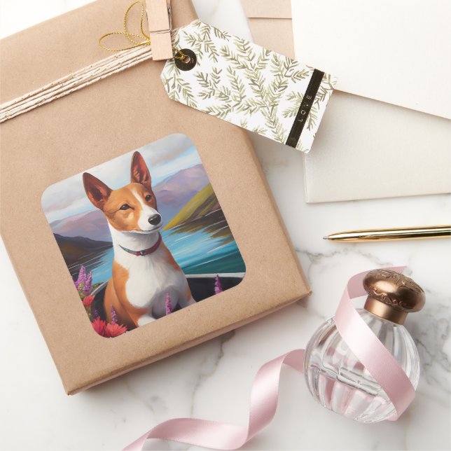 Basenji Dog on a Paddle: A Scenic Adventure Square Sticker (Gifting)
