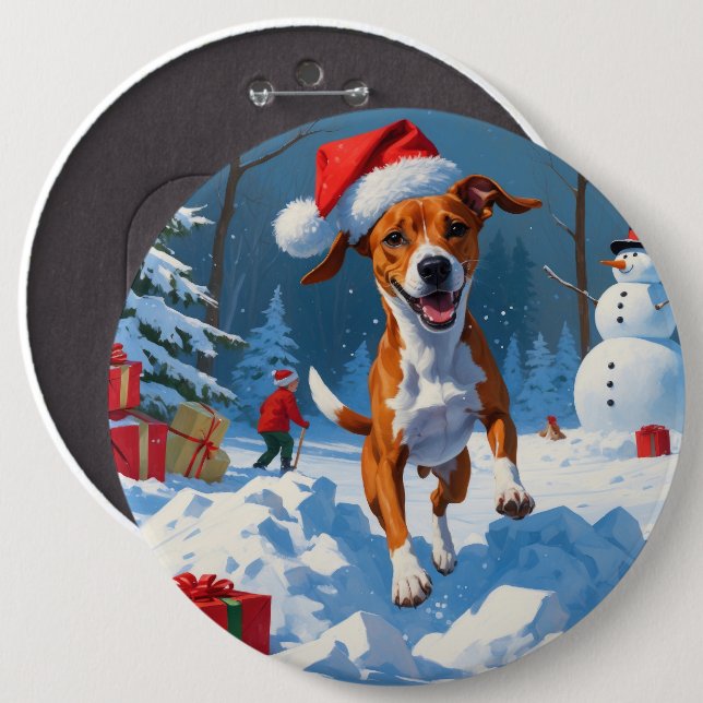 Basenji Dog Playing in Snow Winter Scene 6 Inch Round Button (Front & Back)