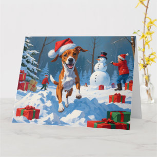 Basenji Dog Playing in Snow Winter Scene Card
