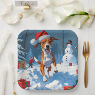 Basenji Dog Playing in Snow Winter Scene Paper Plate