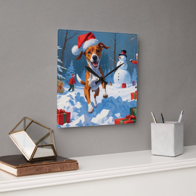 Basenji Dog Playing in Snow Winter Scene Square Wall Clock (Office)