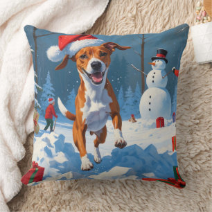 Basenji Dog Playing in Snow Winter Scene Throw Pillow