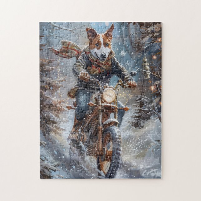 Basenji Dog Riding Motorcycle Christmas  Jigsaw Puzzle (Vertical)