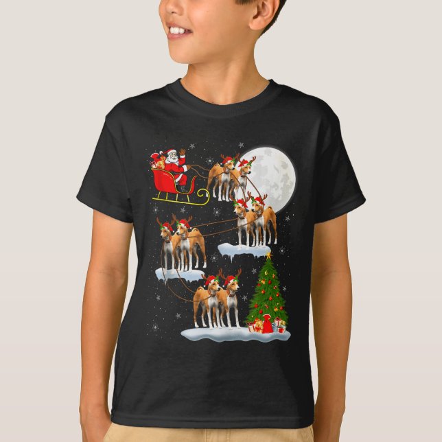 Basenji Dog Santa Sleigh Flying Funny Magical Chri T-Shirt (Front)