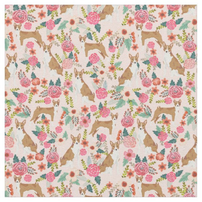 Basenji dog vintage florals pink fabric (Close Up)