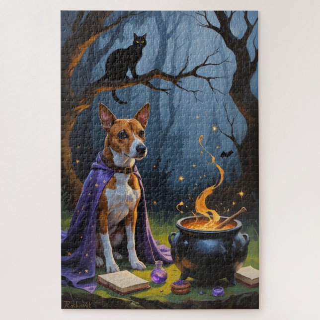Basenji Dog Whimsical Halloween Painting Jigsaw Puzzle (Vertical)