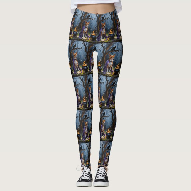 Basenji Dog Whimsical Halloween Painting Leggings (Front)