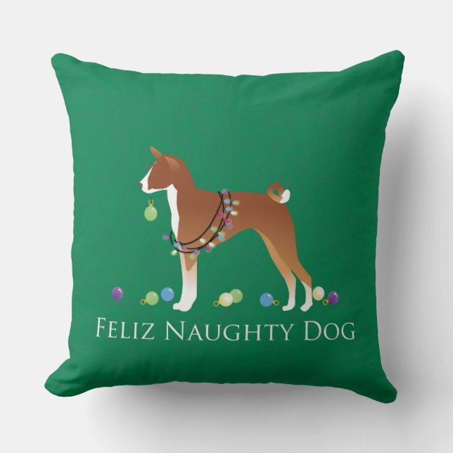 Basenji Feliz Naughty Dog Christmas Throw Pillow (Front)
