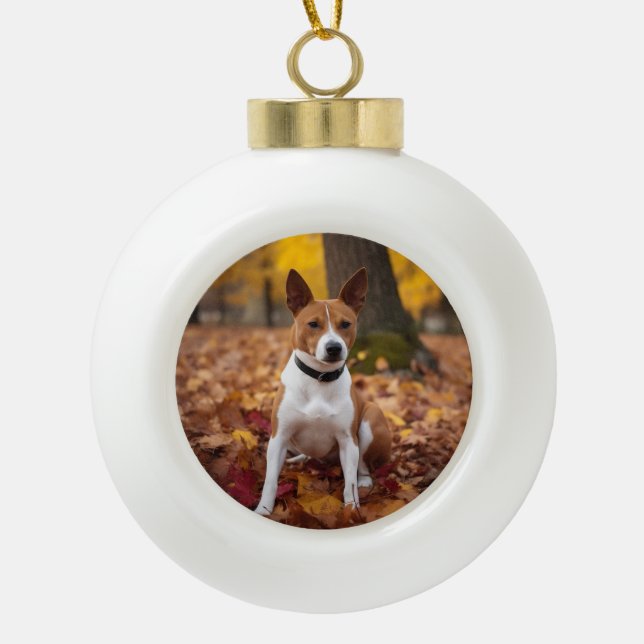 Basenji in Autumn Leaves Fall Inspire  Ceramic Ball Christmas Ornament (Front)