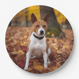 Basenji in Autumn Leaves Fall Inspire  Paper Plate