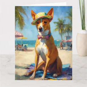 Basenji  on Beach, summer gift for dog lovers  Card