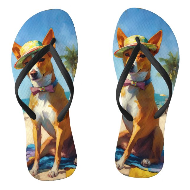 Basenji  on Beach, summer gift for dog lovers  Flip Flops (Footbed)