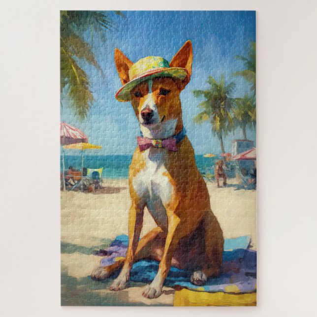 Basenji  on Beach, summer gift for dog lovers  Jigsaw Puzzle (Vertical)