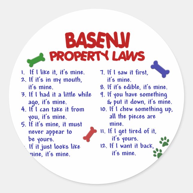 BASENJI Property Laws 2 Classic Round Sticker (Front)