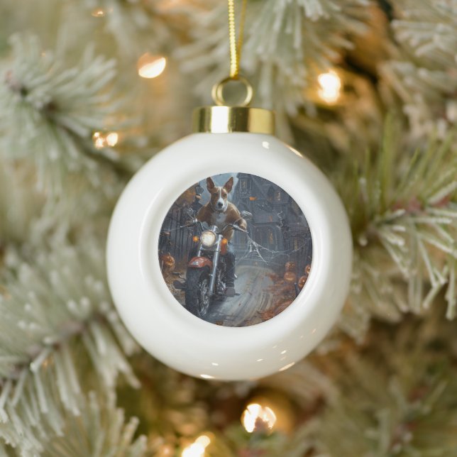 Basenji Riding Motorcycle Halloween Scary Ceramic Ball Christmas Ornament (Tree)