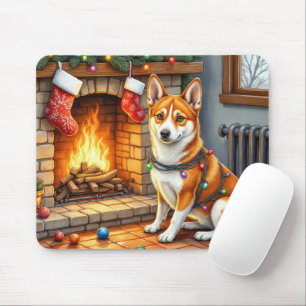 Basenji Sitting by Fireplace with Christmas Lights Mouse Pad