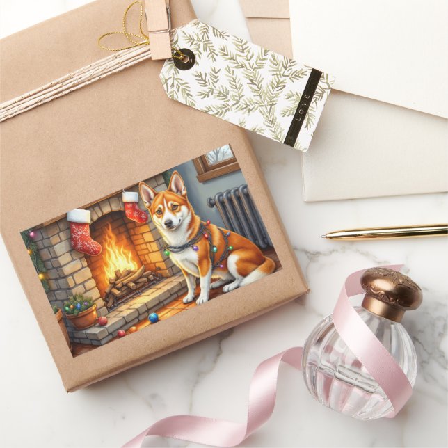 Basenji Sitting by Fireplace with Christmas Lights Sticker (Gifting)