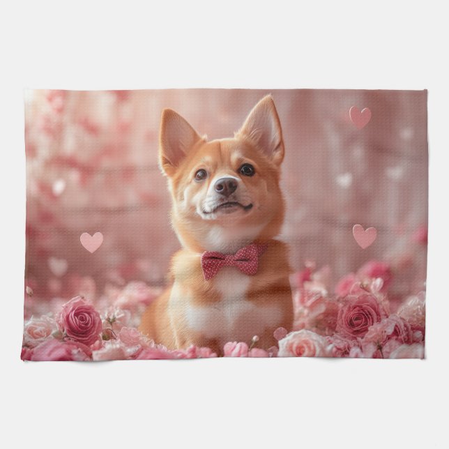 Basenji with Roses - Valentine's Day Kitchen Towel (Horizontal)