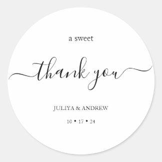 Basic black and white script wedding  classic round sticker