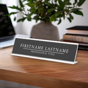 Basic Black White with Name Title Simple Line Desk Name Plate