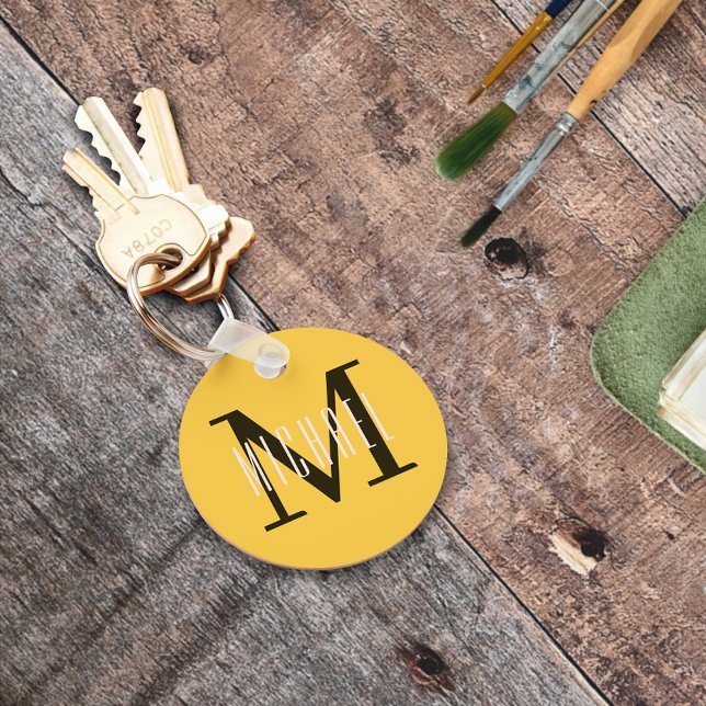 Basic Bold Monogram Initial & First Name Yellow Keychain (Creator Uploaded)