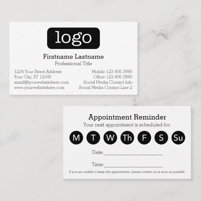 Basic Business Design Logo 7 Day Schedule Appointment Card (Front/Back)