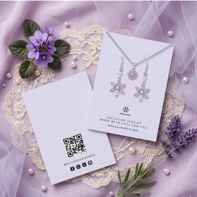 Basic Digital Lavender Jewellery Display Logo TMF2 Business Card (Basic Minimalist Digital Lavender Jewelry Display Card Template, featuring Business Logo, Custom QR.)