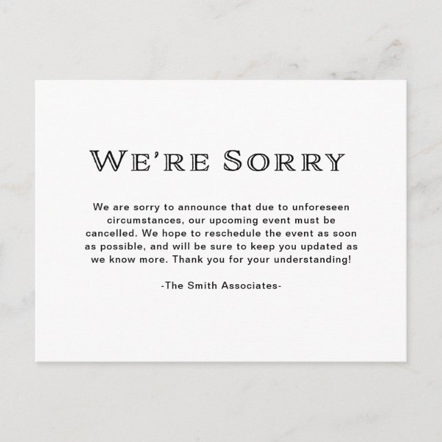 Basic Elegant Black and White Cancellation Announcement Postcard (Front)