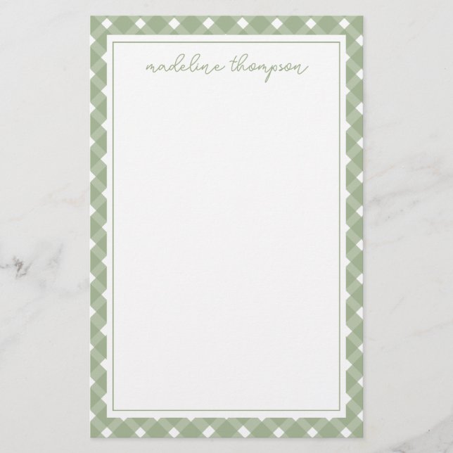 Basic Gingham Sage Green Border Stationery (Front)