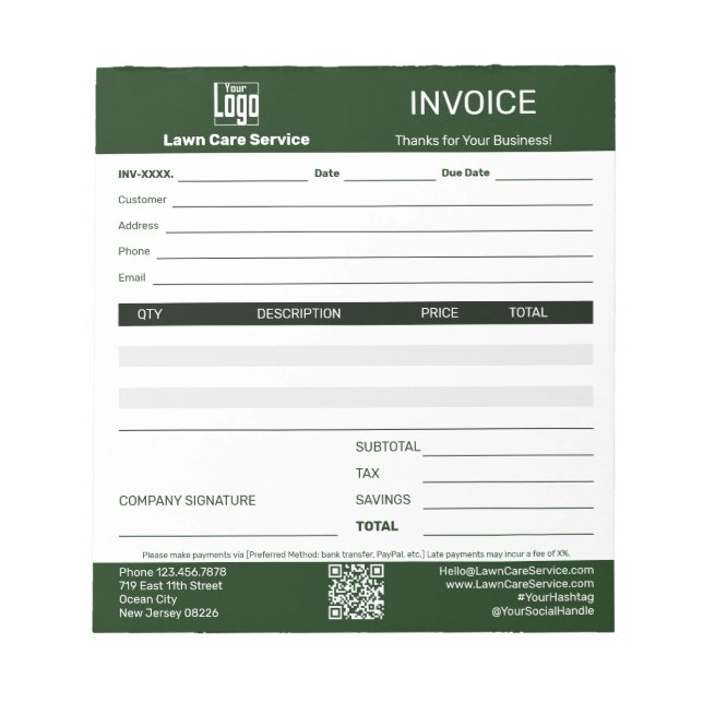 Basic Lawn Care Service Business Invoice Pad (Front)