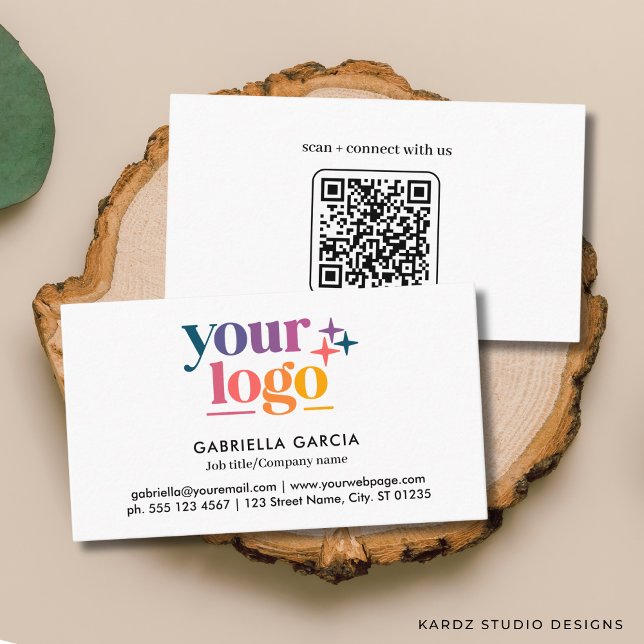 Basic Logo QR Code White Business Card (Add your logo, name and title, contact info and enter URL to create QR Code on the back.)