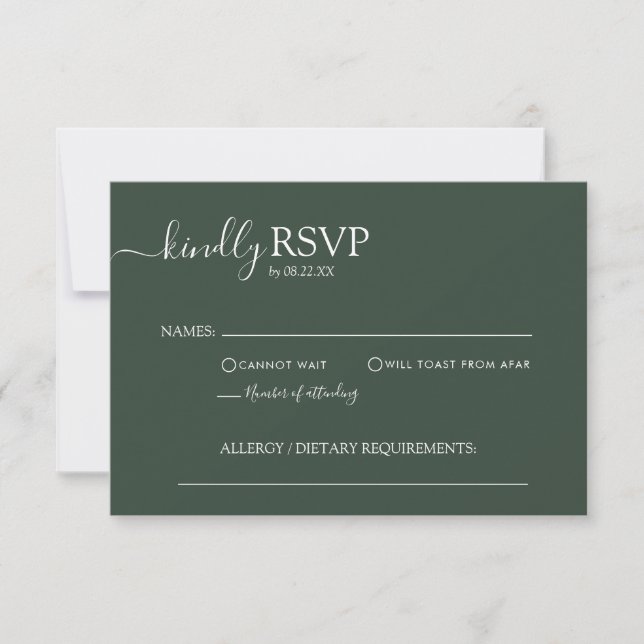 Basic Minimalist Dark Green Elegant Script Wedding RSVP Card (Front)