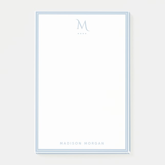 Basic Monogram Dusty Blue Border Personalized  Post-it Notes (Front)