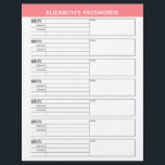 Basic Password Tracker with Username and Notes Let Letterhead<br><div class="desc">A great design to organize your passwords. This design includes an area to add your name at the top. Other areas included basic password information for username and password. You can change the colour bar on the top.</div>