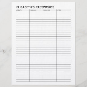 Basic Password Tracker with Username and Notes Letterhead