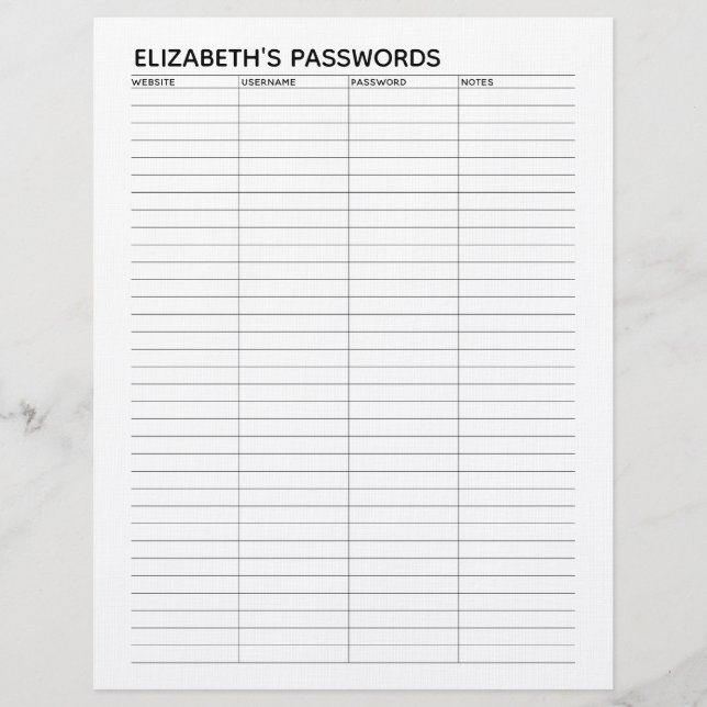 Basic Password Tracker with Username and Notes Letterhead (Front)