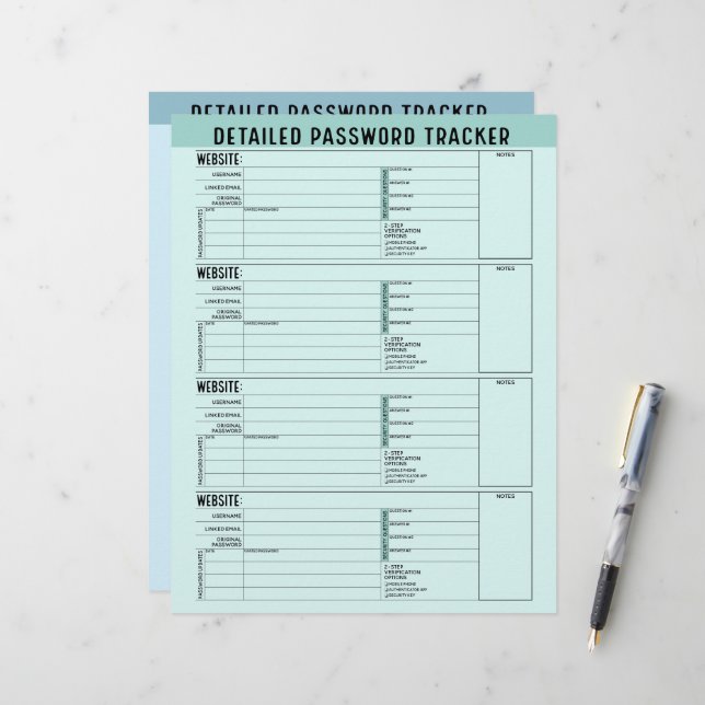 Basic Password Tracker with Username and Notes Letterhead (Front/Back In Situ)