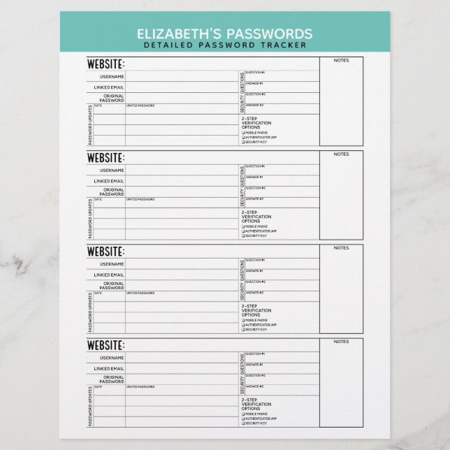 Basic Password Tracker with Username and Notes Letterhead (Front)
